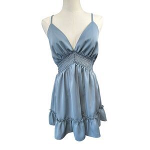 Cider Women’s XS Hollow Out Blue Strappy Ruffle Babydoll Mini Summer Dress